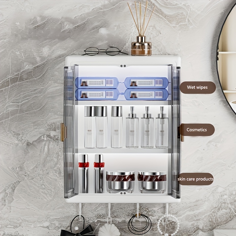 foldable wall mounted storage cabinet no drill plastic organizer with clear doors for bathroom kitchen dustproof waterproof display shelf for cosmetics and essentials spice rack foldable design durable organizer bathroom organizers and storage shelves Product details 7
