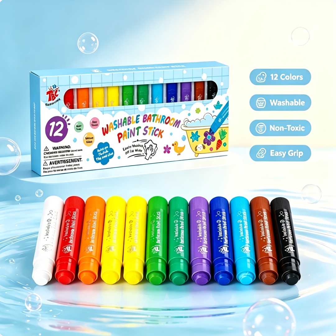 TEMU Tbc The Best Crafts 12 Colors Washable Bathroom Paint Sticks For Kids, Non-toxic Vibrant Bathtub Crayons, Easy Off Tub Walls Tiles Glass,
