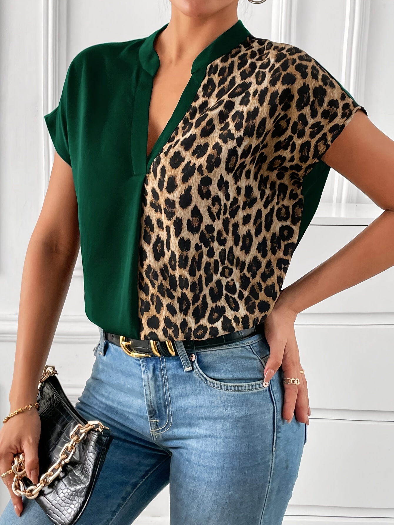 womens fashion leopard print solid neck t shirt Temu