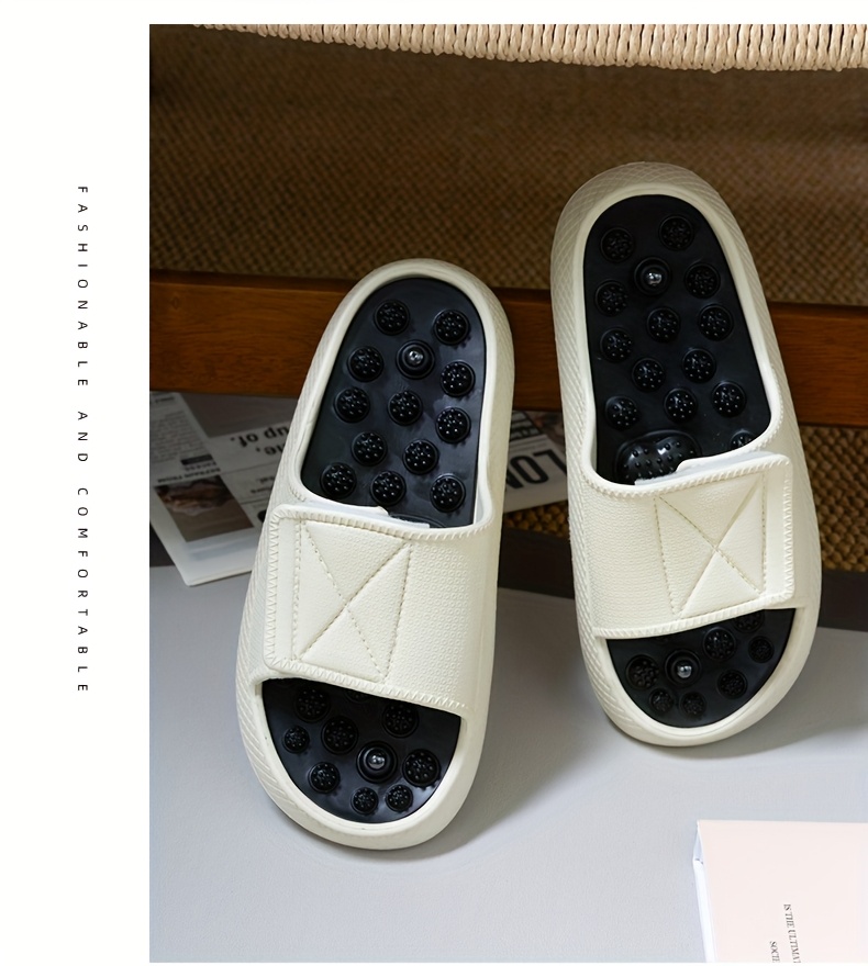 mens   slides non slip thick   beach sandals casual eva upper pvc insole beige white with black accents   indoor outdoor relaxation everyday slippers textured strap design eva construction summer sandals Product details 4