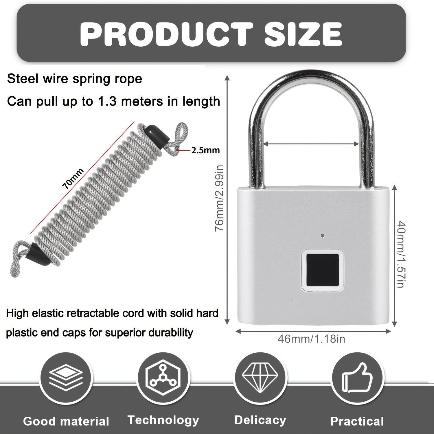 Smart Fingerprint Lock with Retractable Rope, 2pcs