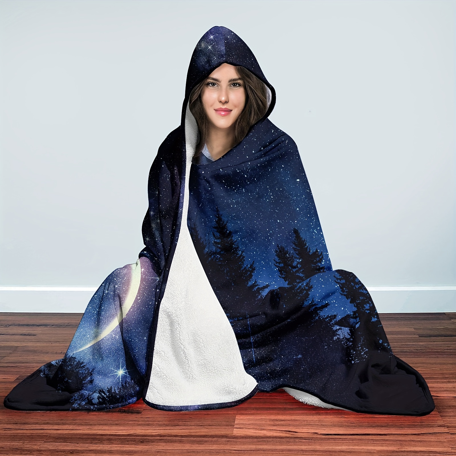 TEMU 1pc Starry Sky Pattern Hooded Blanket Thick Nap Wearable Blanket Magic Blanket Hooded Cape Cozy Warm Soft Blanket For Sofa Office Bed And