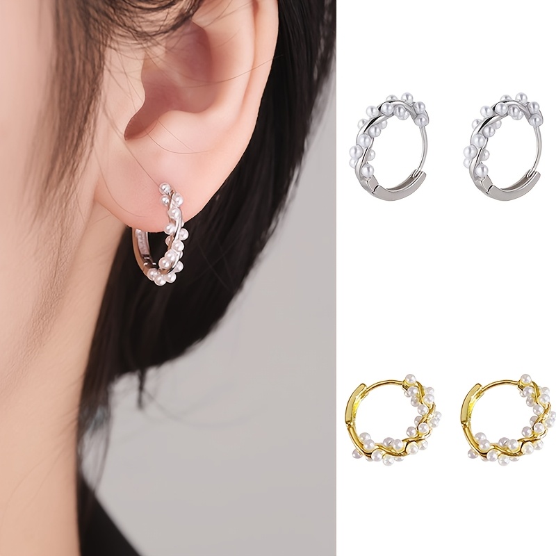 

Elegant Twisted Alloy Hoop Earrings With Pearl Accents, Parties And , Stylish Jewelry Gift For Women