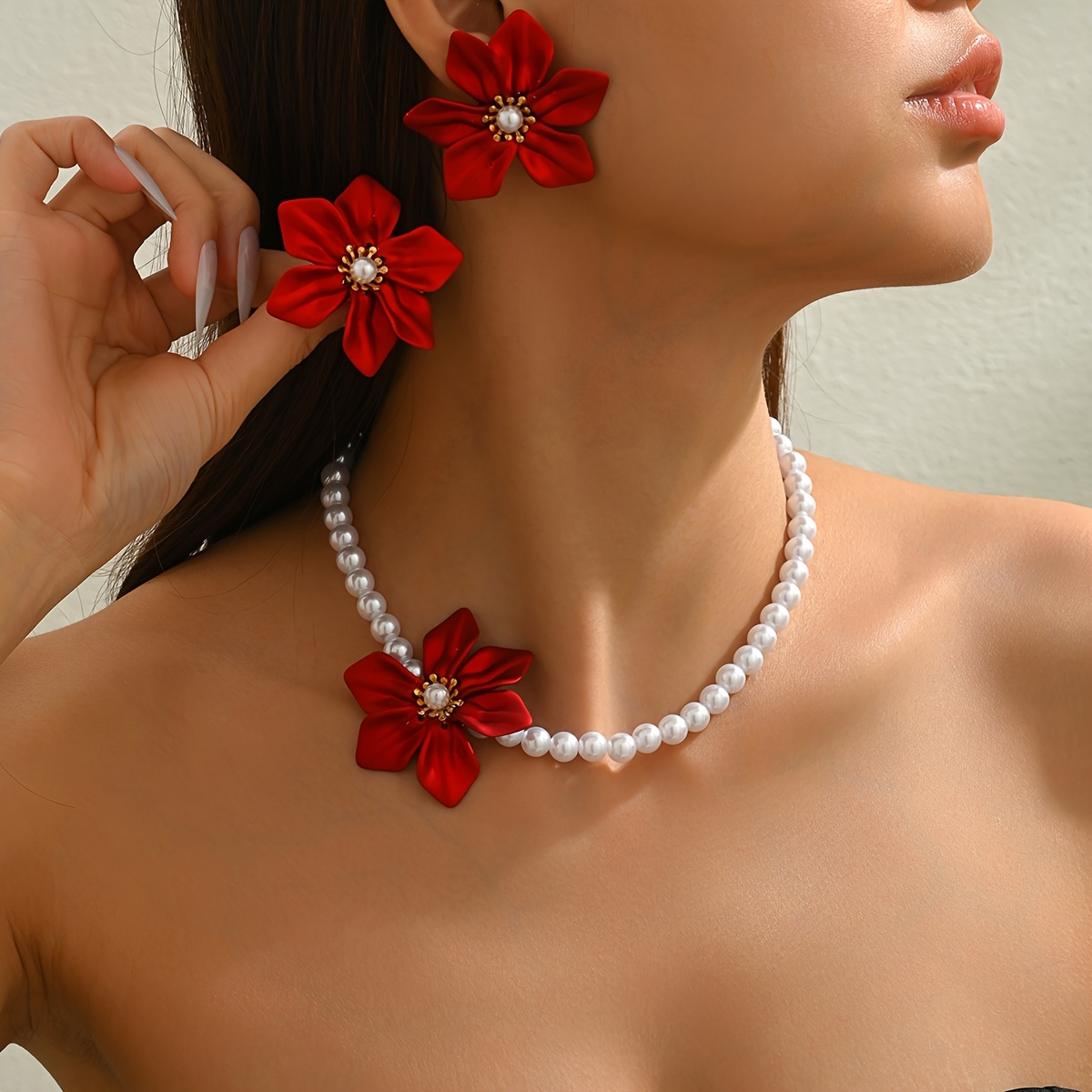 TEMU Conjunto de joyería para mujer de 3 piezas, de y verano, elegante y con : collar + aretes. Estilo francés romántico de corte, de perlas, flor