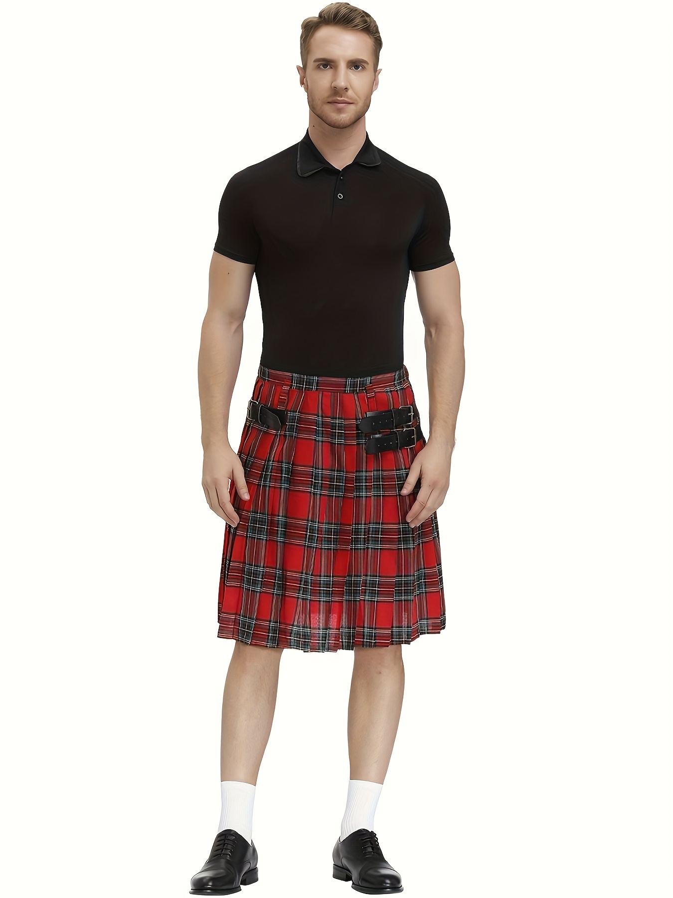 1pc mens scottish tartan pleated skirt costume red black - Technical View