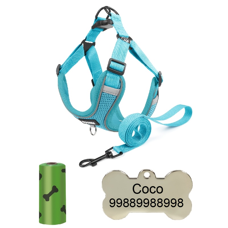 4pcs Set Pet ID Tags and Breathable Dog Harness
