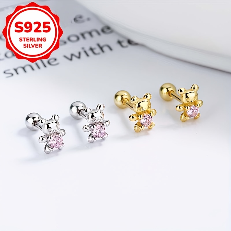 

S925 Sterling Silver Cartoon Bear Stud Earrings, Cute Synthetic Zirconia, Hypoallergenic , Japanese & Korean Style, Silver Plated, 0.7g, Perfect Gift For Valentine's Day/birthday/date/anniversary