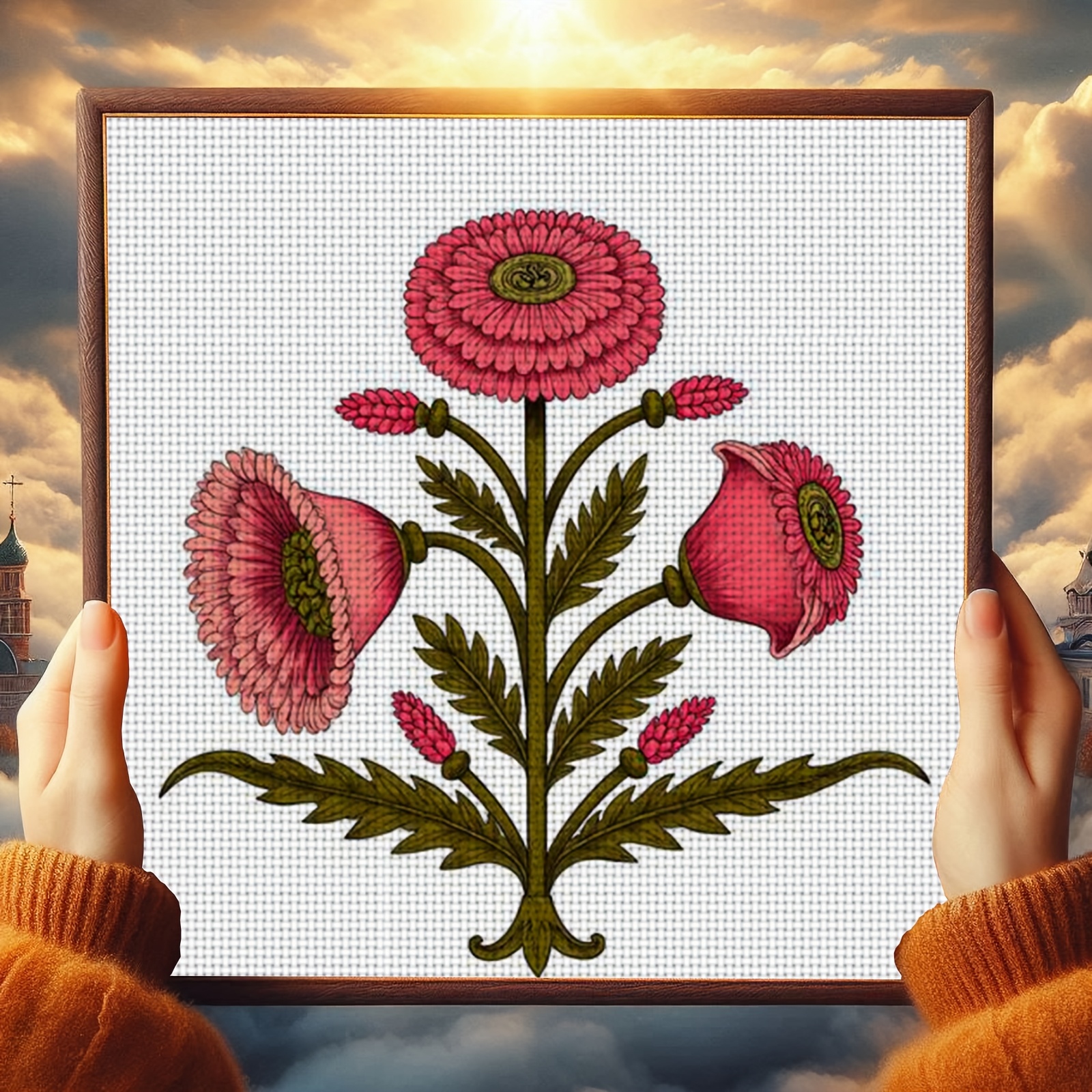 Cross Stitch Printed Kit, Frameless, Pink Floral Pattern Design for Beginners