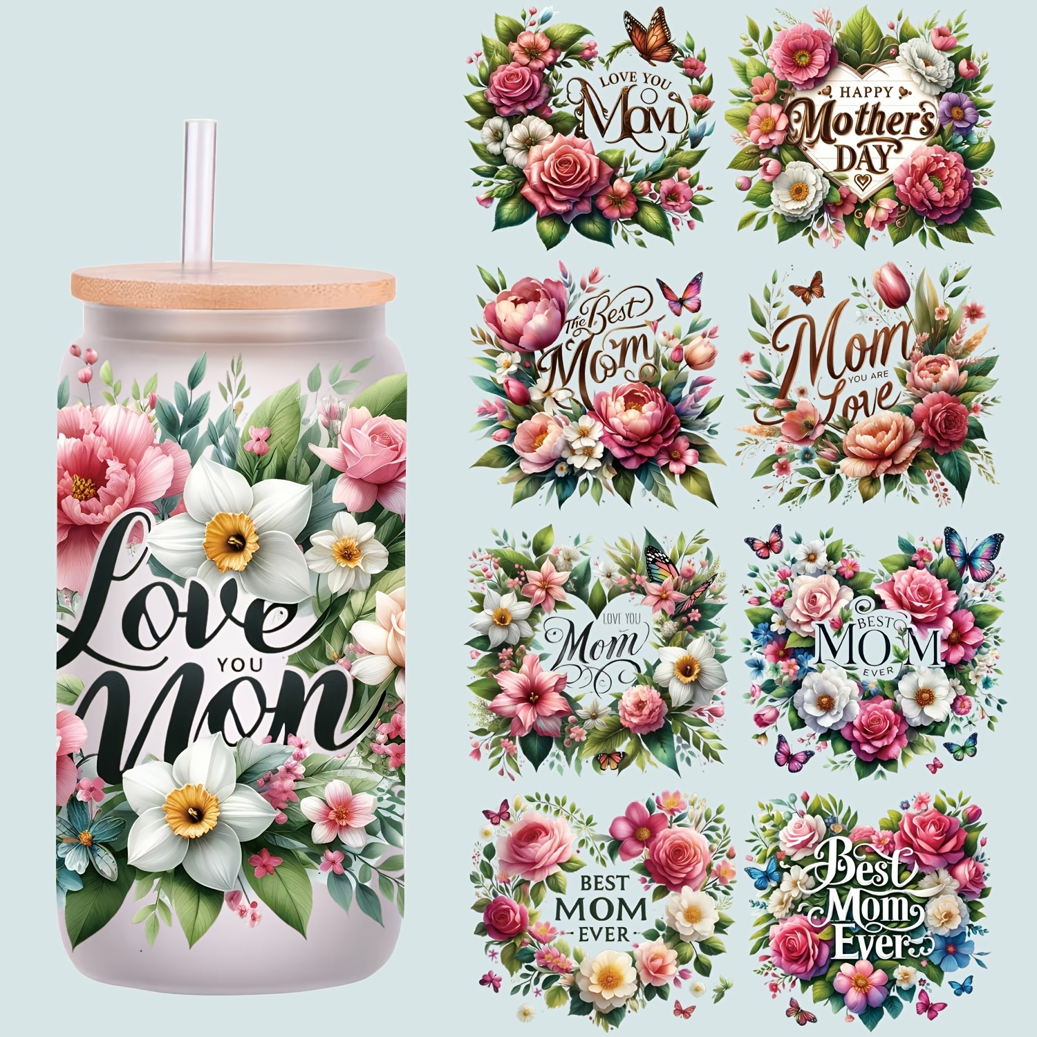 

5pcs Day Floral Glass Jar Decorative Transfer Paper - 16oz Uv Dtf Self-adhesive Wraps With And Rose Designs For Mugs And Jars, Flower Vinyl Transfer Paper