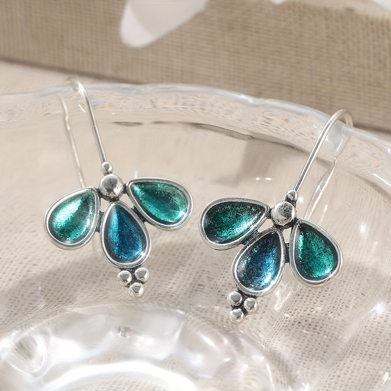Image of Vintage Long Silvery Earrings, Blue And Green Enamel Earrings, Bohemian Dangle Earrings, Handmade Silvery Jewelry