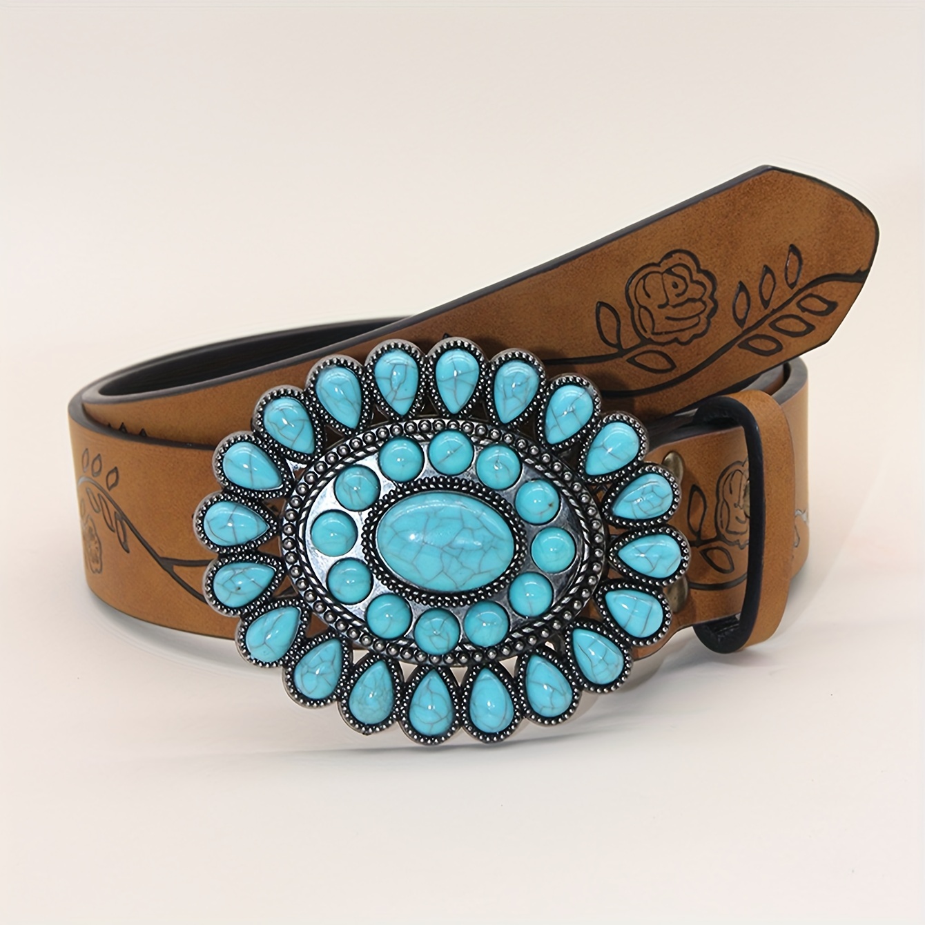 

Turquoise Buckle Embossed Pu Leather Belt Western Cowboy Style Versatile Waist Belts Jeans Pants Accessories For Women