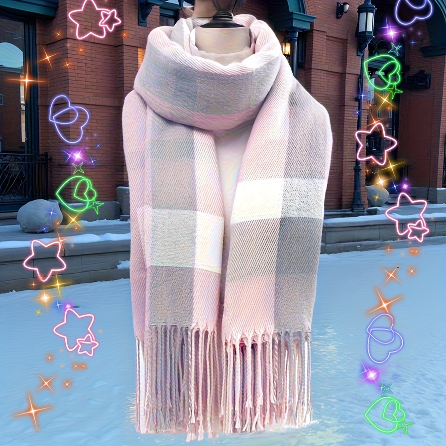 TEMU 1pc Women's Elegant British Striped Scarf With Fringe Tassel Trim - Non-elastic Warm Winter Neck Wrap Suitable For Christmas, Valentine's Day