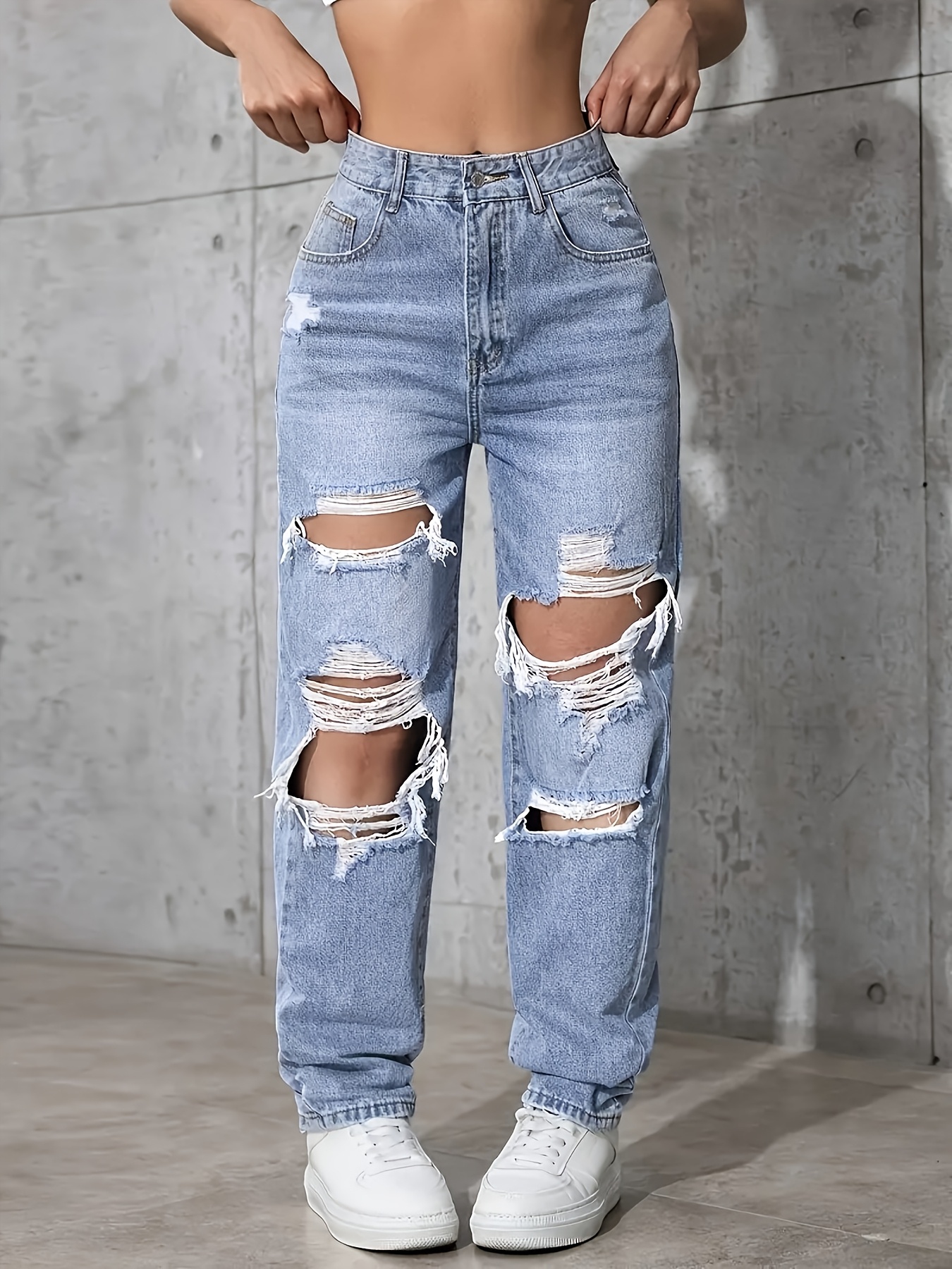 womens distressed     high waisted ripped denim with slant pockets comfortable and versatile for everyday casual wear same day delivery