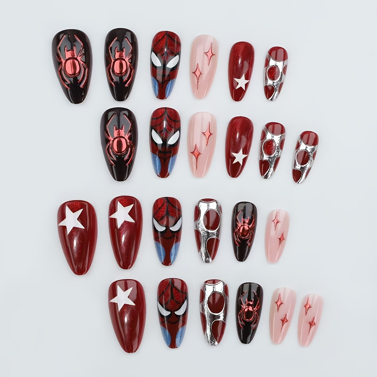 TEMU 24pcs Set Of Hand-pressed Almond-shaped Cat-eye Nails In Medium Wine Red Glitter, Black, Nude Beige, And Metallic Silvery. A Revamped Version Of