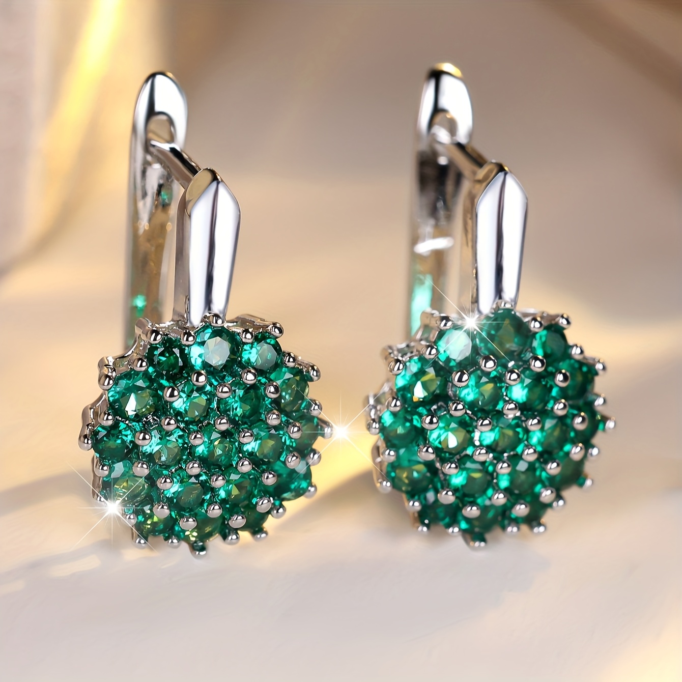 A Pair Of Classic Sunflower Women's Round Synthetic Synthetic Zirconia Earrings With Green Sunflowers, Rose Golden And Silvery, Wedding Flower Jewelry, Engagement Gift