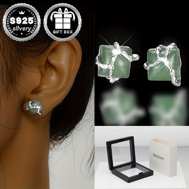 

2pc925 Pure Silvery Low Allergy National Trend Square Bead Green Aventurine Stone Earrings, Delicate, Fashionable And Classic Earrings, About 2g