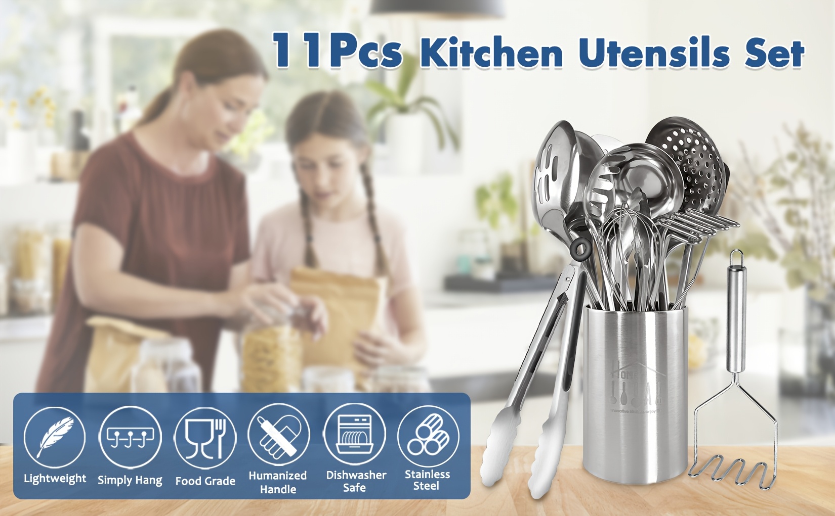 11pcs stainless steel kitchen utensils set with storage bin heat resistant metal spatula set cooking utensils with turners masher skimmer spoons ladle tongs whisk Product details 0