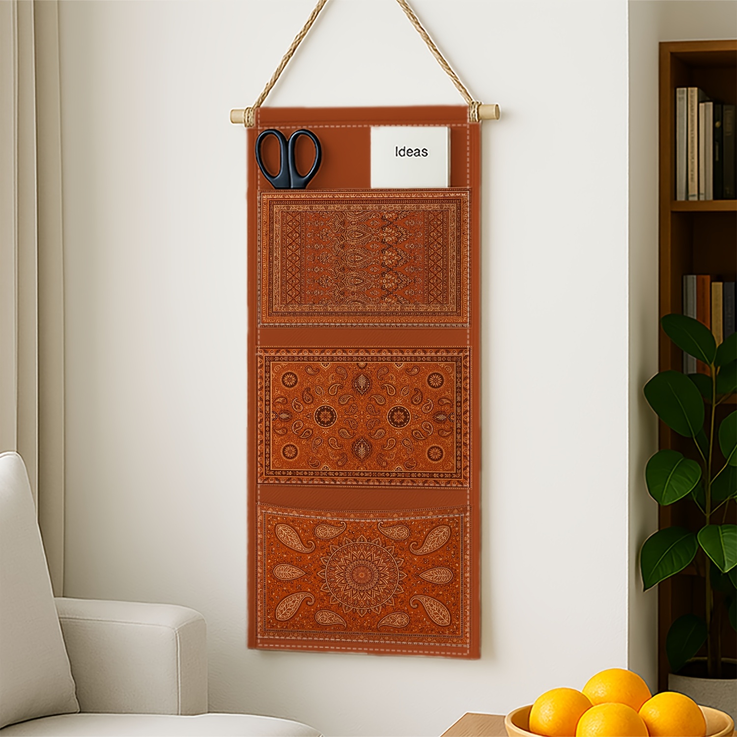 TEMU 1pc Persian Boho Ethnic Paisley 3-pocket Wall Hanging Storage Bag In Mandala Orange Rust, A Traditional Organizer For Additions, Dinnerware,