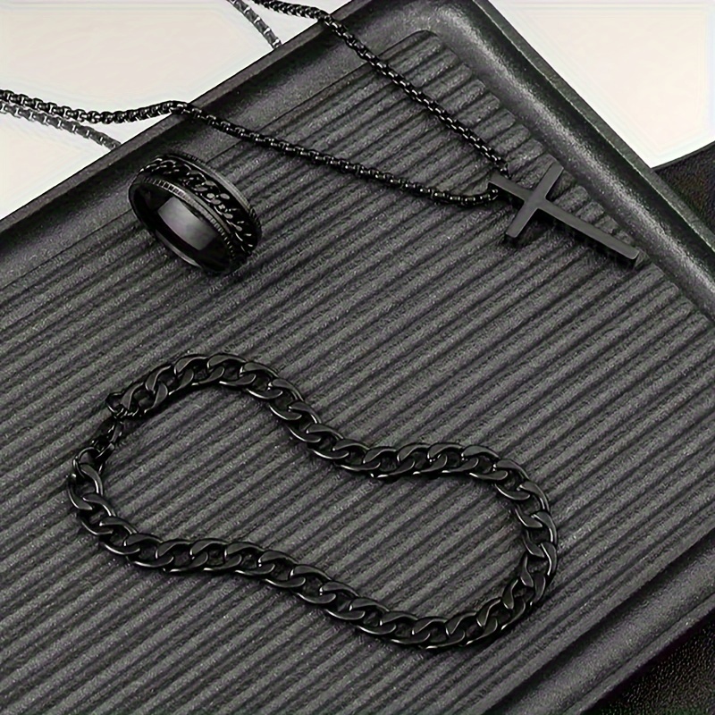 Image of 3pcs Men's 201 201 201 201 Stainless Steel Necklace, Bracelet, Ring Set, Fashionable Jewelry