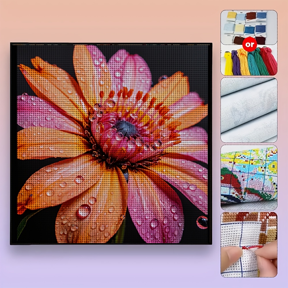 DIY Cross-Stitch Printed Kit "Orange-Pink Flowers with Dewdrops"