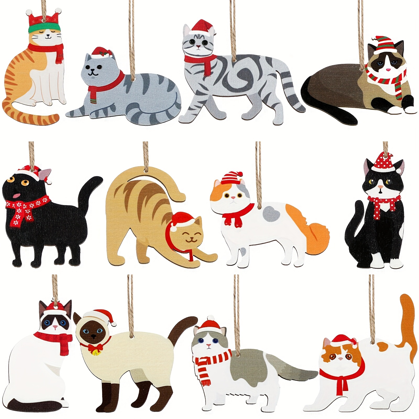 TEMU Un ensemble de 12 décorations de Noël en bois avec des chatons portant des chapeaux et des écharpes de Père Noël, ornements amusants pour les