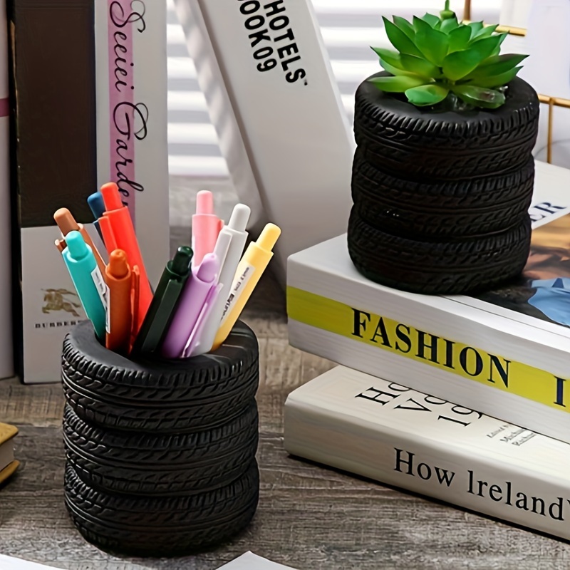 

1pc Tire-shaped Pen Holder - Plastic Desktop Pen Organizer - Unique Stationery Storage Container For Home And Office Use