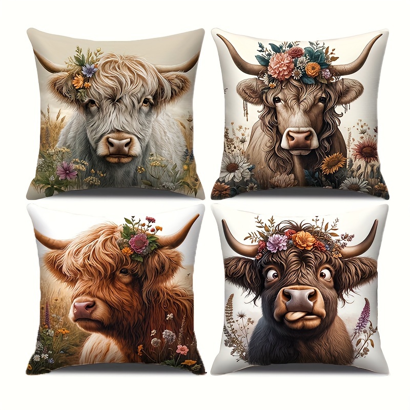 

Set Of 4 Rustic Elegance Highland Cow & Wildflower Throw Pillow Covers - Soft, One-sided Print In Gray Brown Polyester, Zip Closure - Ideal For Bedroom And Living Room Decor