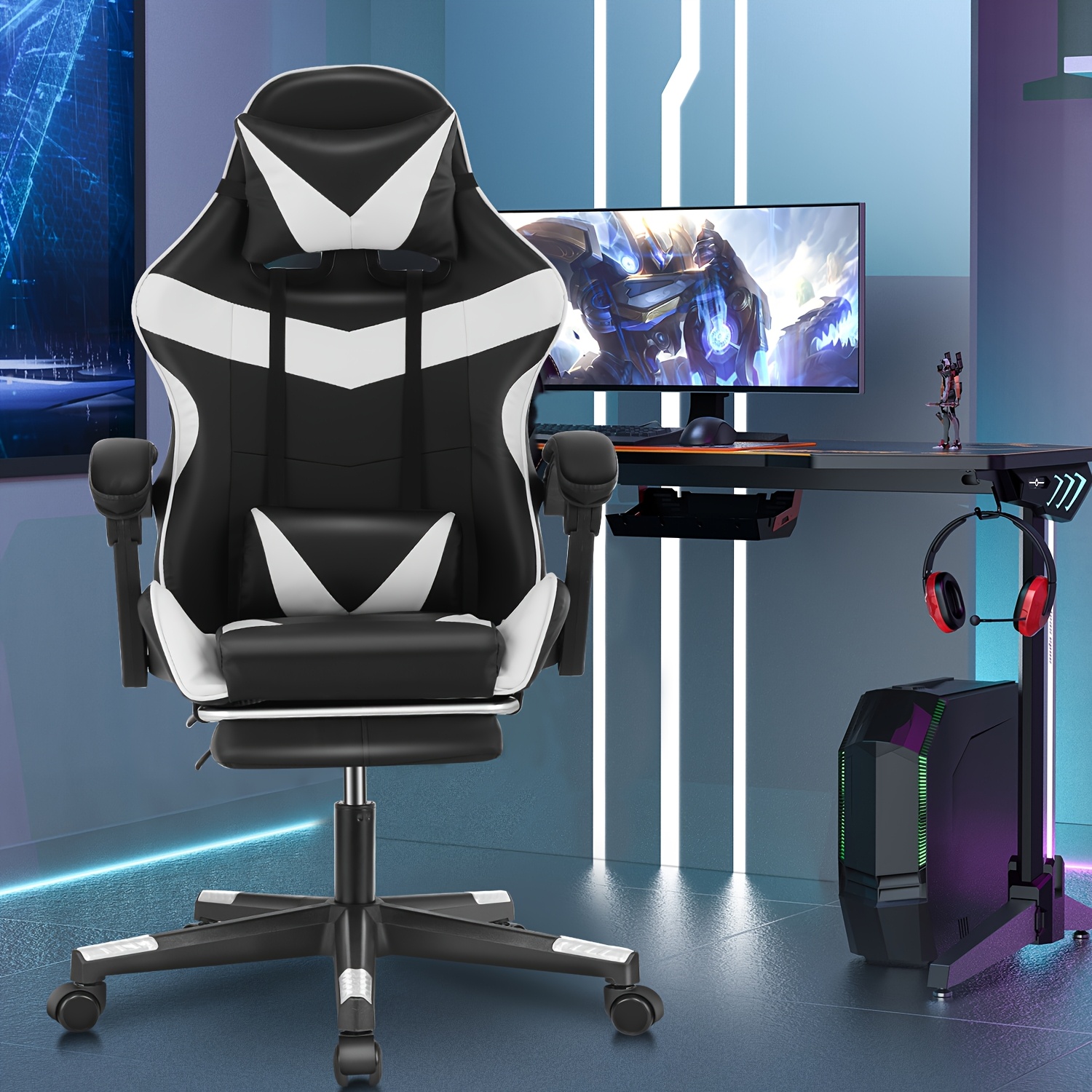 TEMU Ergonomic Gaming Chair Adjustable Height & Reclining Backrest, High-back Chair For Home Office & Gaming Setup (black & White)