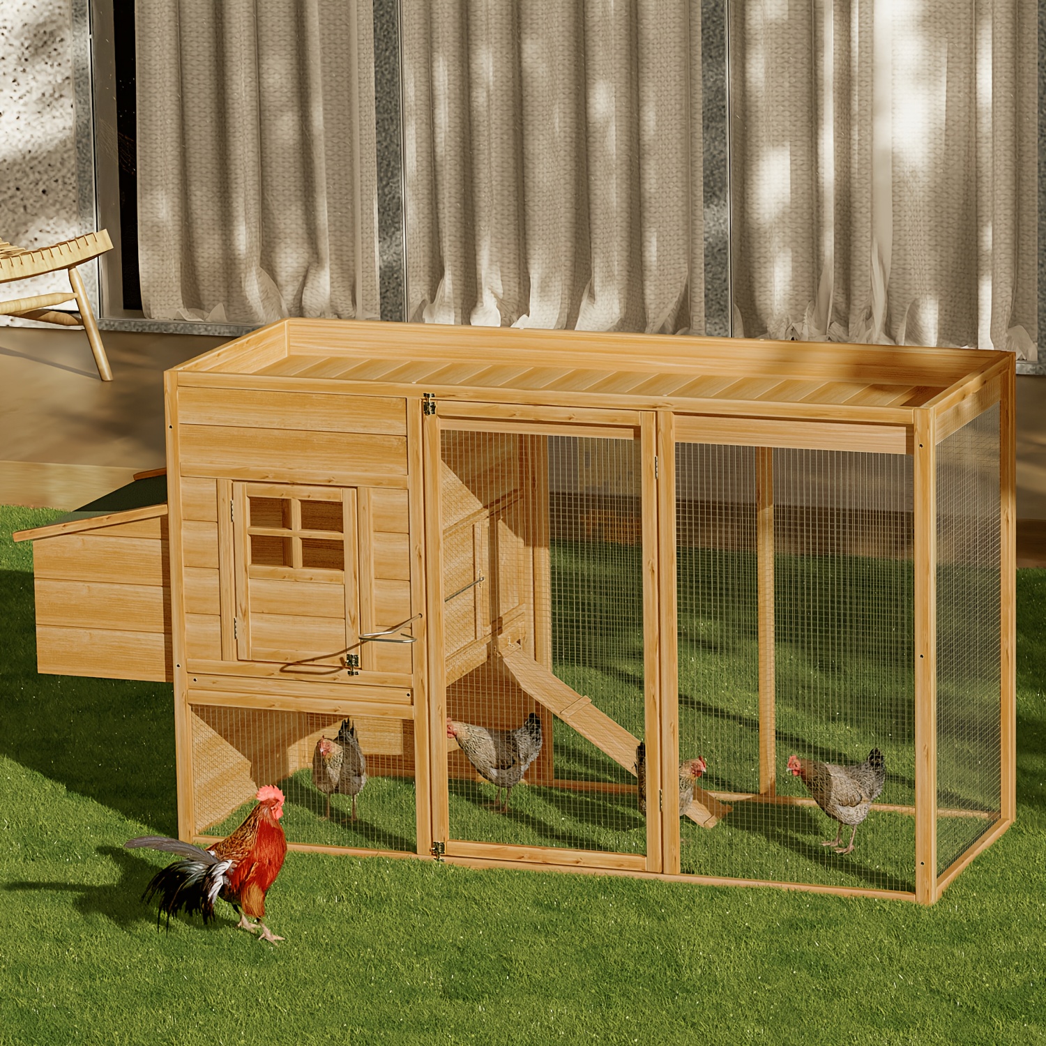 Outdoor Chicken Coop For 8 Chickens - Upgraded Wooden Hen House With Nesting Box, Run, Waterproof Roof, Slide-Out Tray (Grey & White)