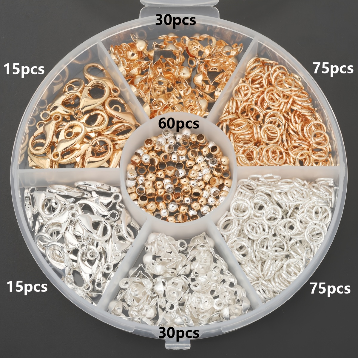 TEMU 300pcs/Boîte KC Fermoirs de Bijoux Dorés et Argentés, Ensemble de Pièces, Incluant 30pcs Fermoirs , 60pcs Fermoirs de Sac, 60pcs Perles