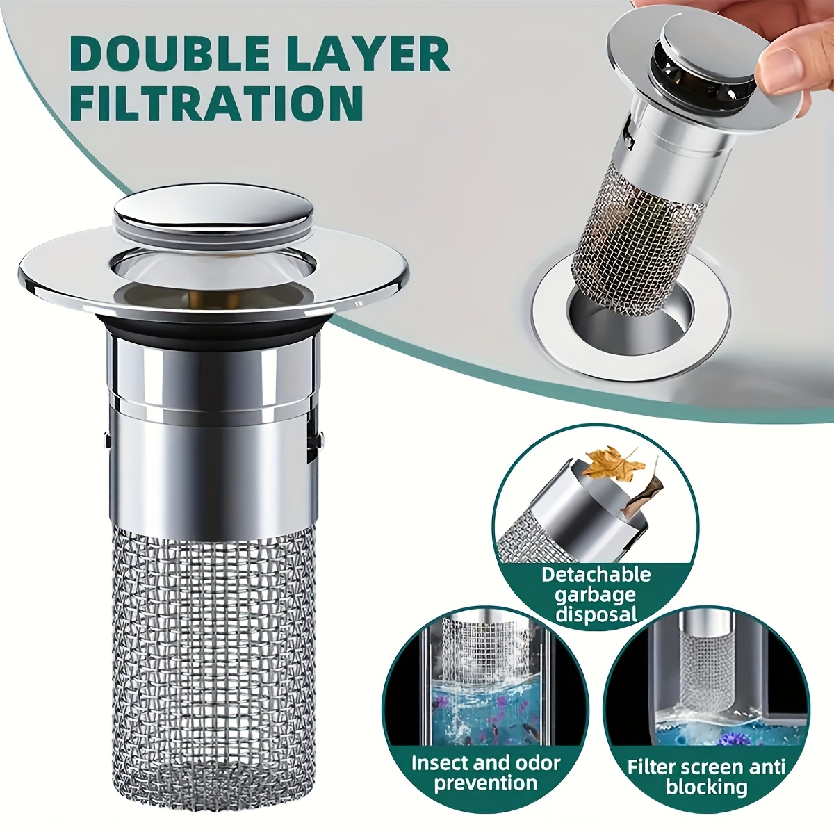 

1pc Stainless Steel Kitchen Sink Drain Strainer, Dual Layer Filtration System, Anti-clogging Mesh Basket, With Easy Clean & Install For Accessories