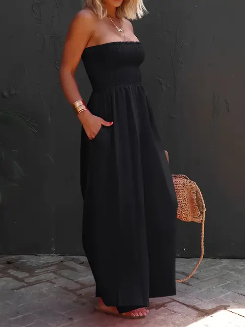 womens sleeveless strapless wide leg jumpsuits summer casual loose smocked chiffon jumpsuit rompers with pockets