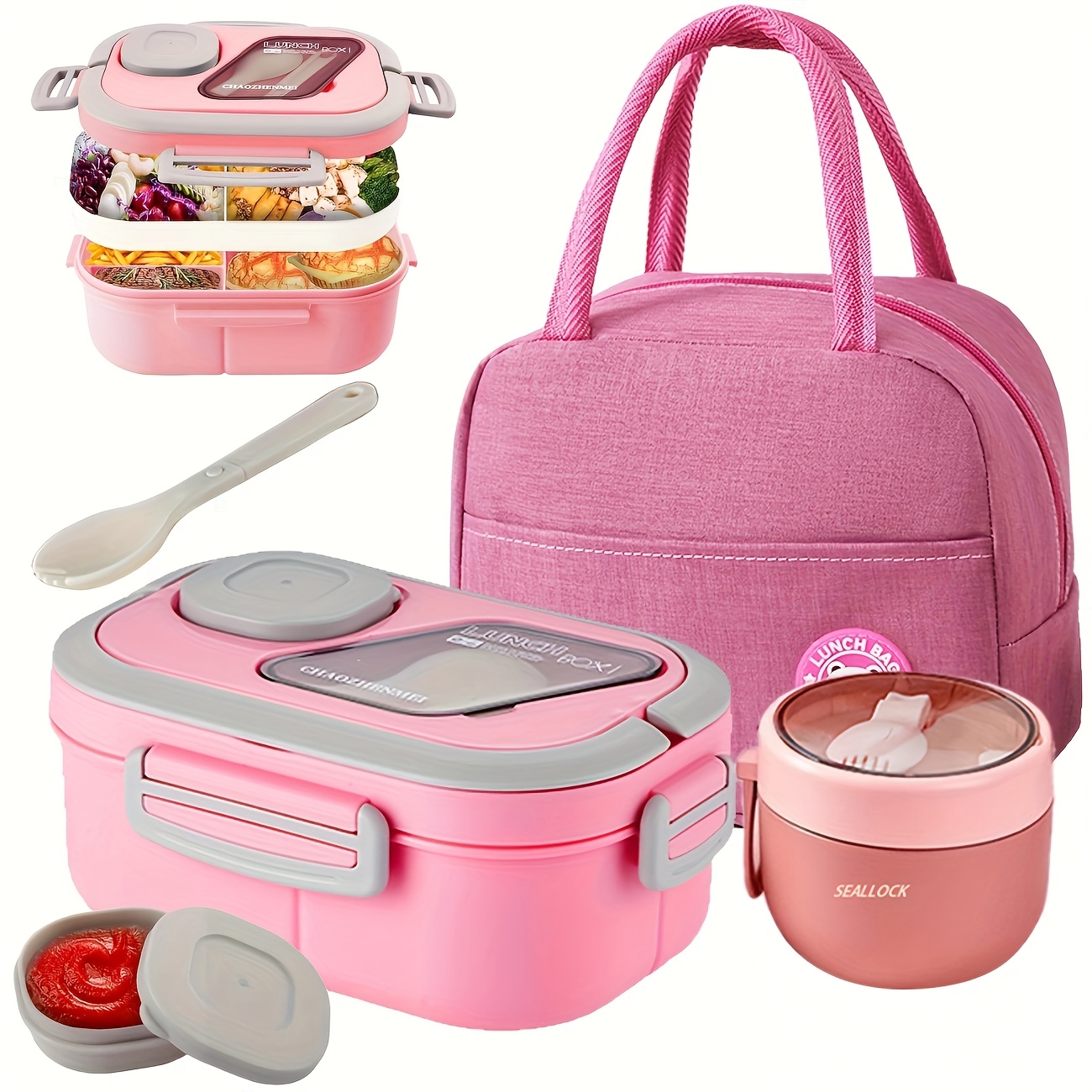 TEMU 2-layer Bento Box Set With Multiple Compartments | Bento Box, Cup, Bag, Cutlery, And Sauce Box - Microwave Safe, Temperature-retentive, Suitable For School, Work, And Outdoor Meals