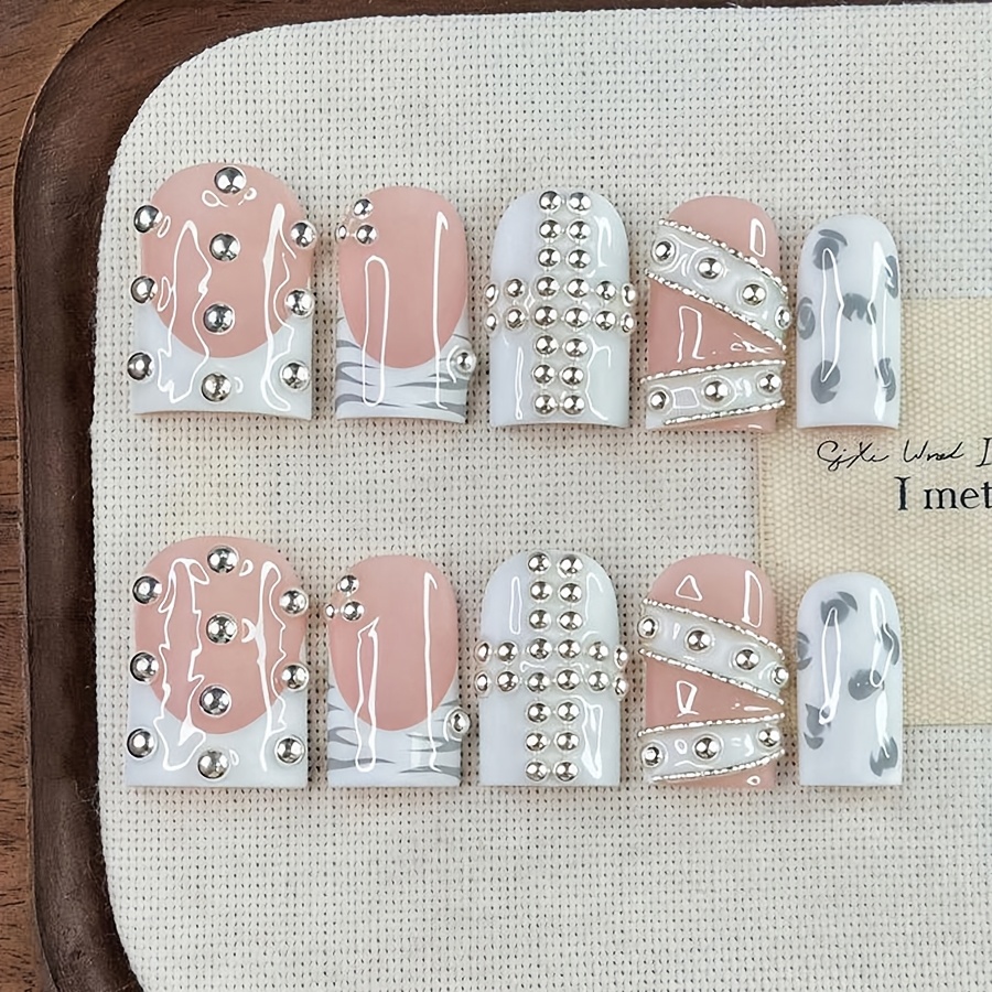 TEMU 10 stuks/set Y2K Nagels Handgemaakt, Leuke Nagels, Roze Nagels, Witte Nagels, Zilverkleurige Strass Kruis Nagels & Witte French Tip Nagels,
