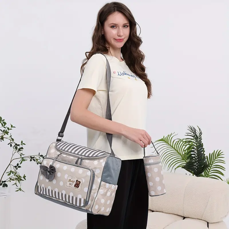 chic polka dot 4pcs parent bag set lightweight nylon diaper bags with crossbody strap for travel details 2