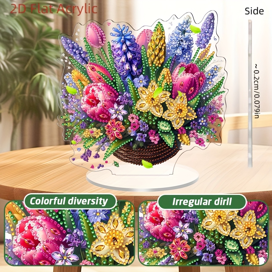 Image of 2d/flat Flower Basket Pattern Diamond Painting Acrylic Ornament Kit - With Irregular Mosaic Artwork - Colorful Desktop Decoration And Craft Gift Set, Perfect For Holiday Gifts 1pc