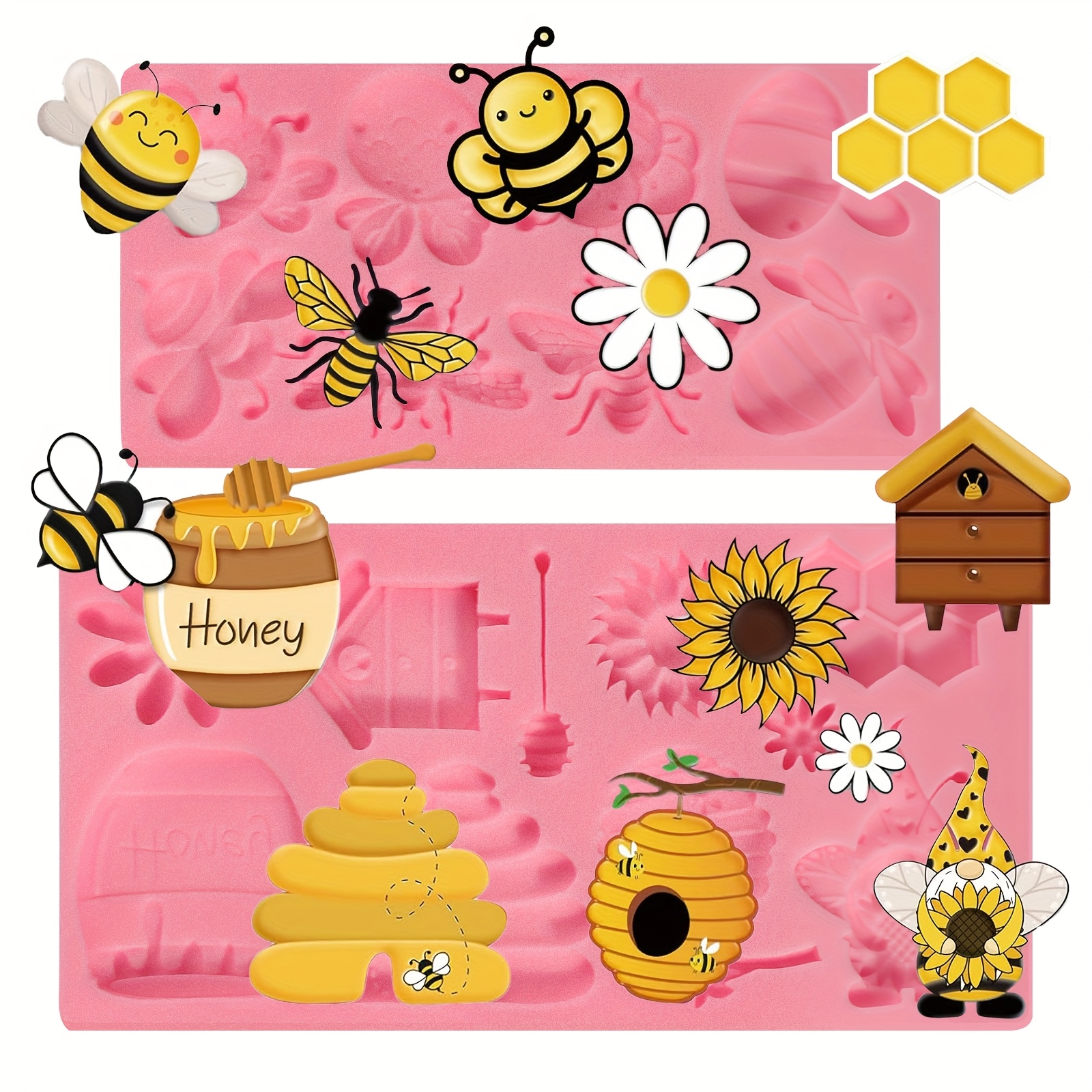 Image of 2pcs Bumble Bee Fondant Molds, Honeycomb Silicone Mold Cake Mold, Sunflower Chocolate Baking Decoration Mold, For Cupcake Toppers, Biscuits, Clay, Resin, Flower Paste Plaster