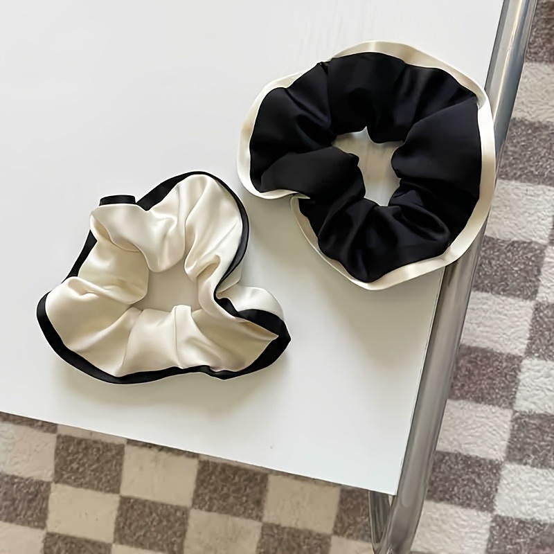 TEMU 2pcs Classic Elegant Cloud-shaped Black And White Large Hair Ties, High-end Satin Fabric With Fashionable Color- Pleated Design, For Ponytails,