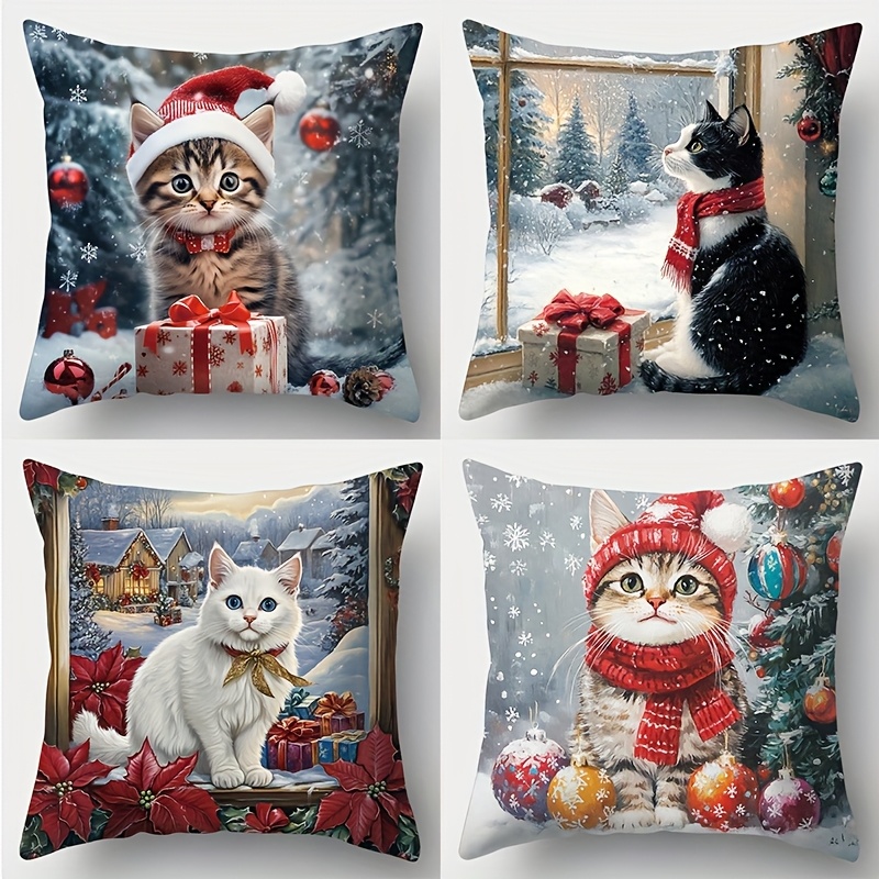 TEMU Set Of 4 Pillow Covers Featuring A Christmas Theme With A Cat As The Point, With Festive Elements Like A Santa Hat, Christmas Tree, Ornaments,