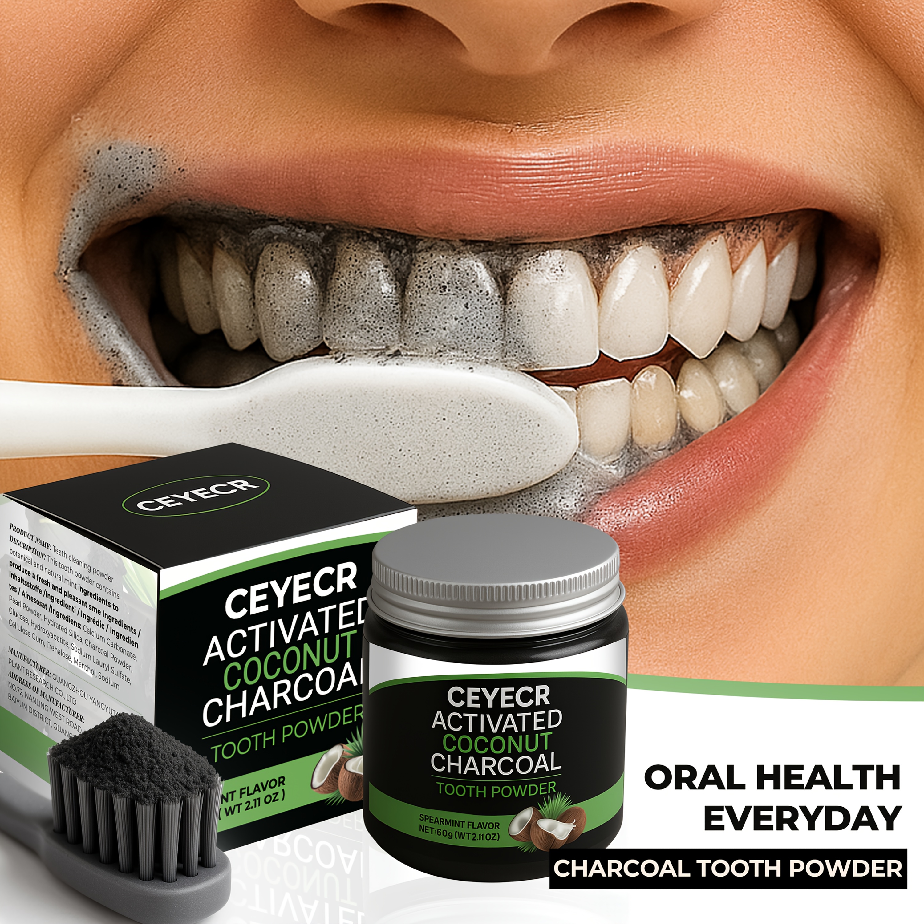 Image of Ceyecr Activated Coconut Charcoal Teeth Powder - Deep Clean For Coffee, Tea For Men And Women | Breath Freshener & Cleaner, Polishing, Daily Life, 60g