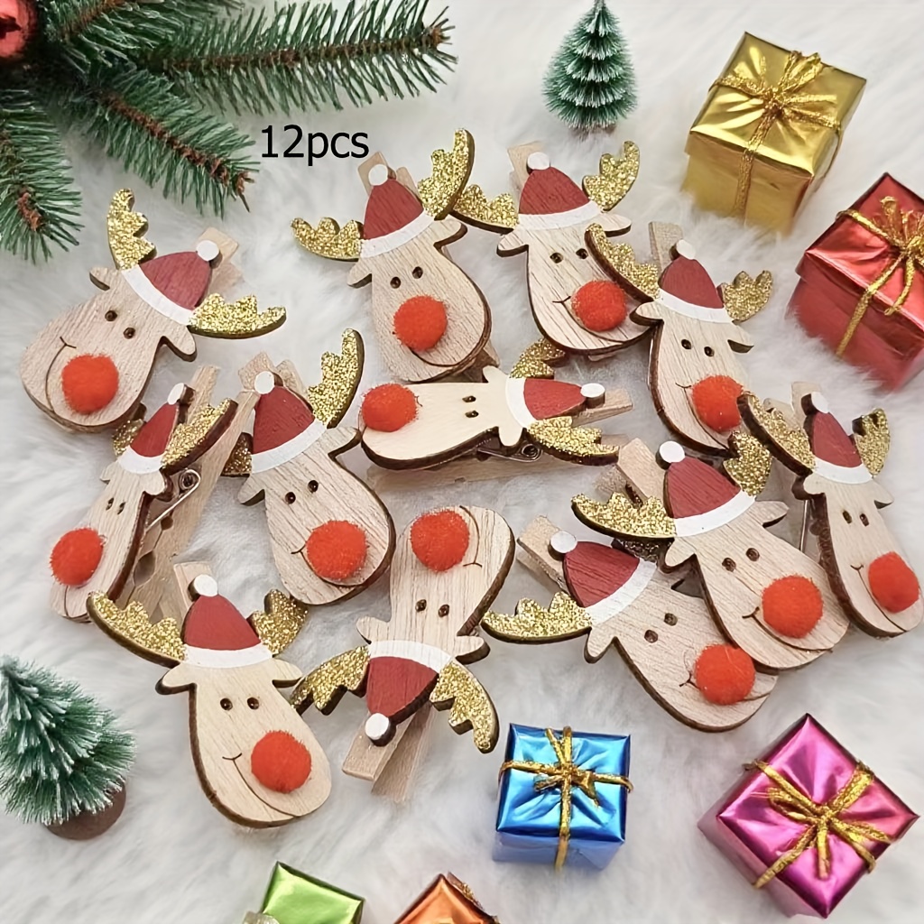 Image of 12pcs Festive Decorations, Christmas Deer Wooden Clips 1.89 Inches, Suitable For Decorating Christmas Calendars, Card Decorations, Photo Decorations, And Business Card Holders