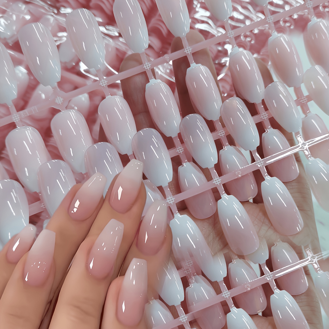 TEMU 84pcs Vernis à Ongles Dégradé Blanc et Rose à Coller avec Faux Ongles Acryliques Ballet Moyens, Amovibles, Idéal pour le Nail Art, Parfait pour