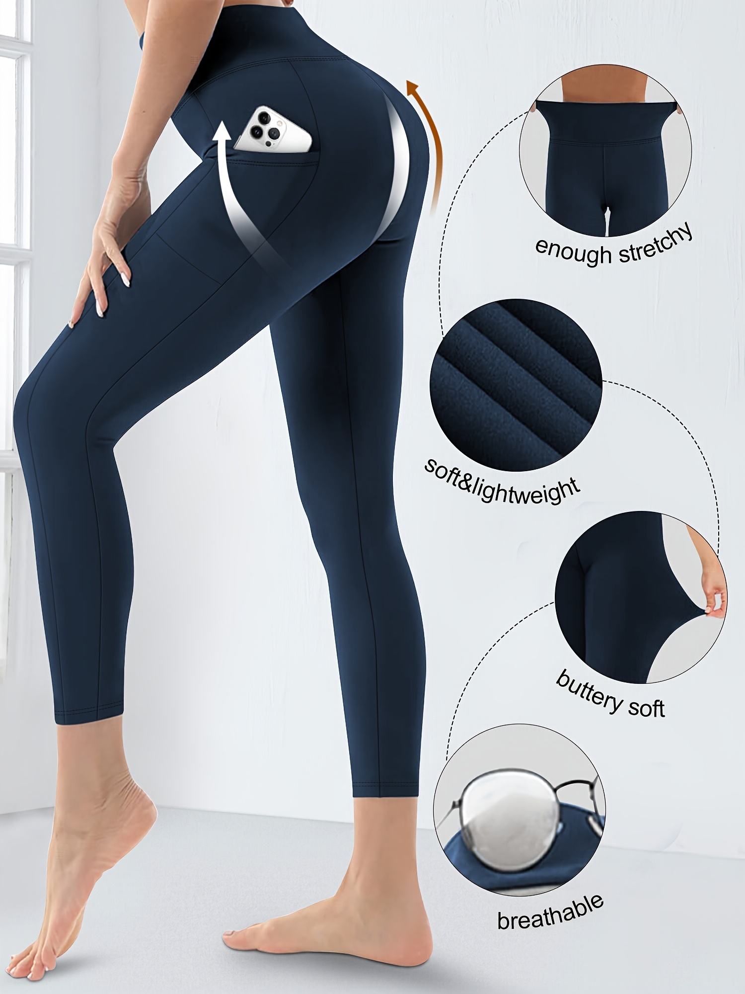 Plus Size High Waist Yoga Pants with Side Pockets - 88% Polyester 12% Elastane Stretchy Tummy Control Leggings, Sculpting Workout Gym Activewear for Women, All-Season Comfort (Machine Washable)