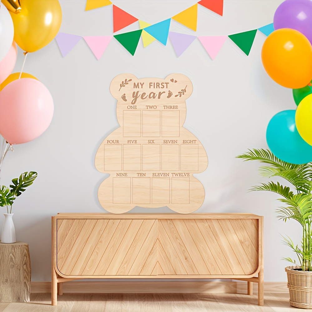   teddy bear wooden first year milestone photo frame polished       room decor monthly calendar ideal first birthday gift details 3