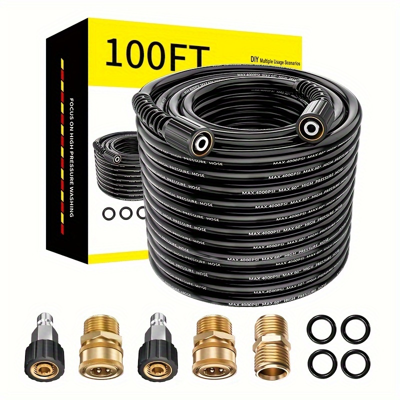 4000 Psi High Pressure Hose, 100 Ft High Pressure Washer Hose With M22 Connector, Power Washer Replacement Hose With M22 Extension Adapter And 4 M22 14mm To 3/8 Quick Connections, Without Battery