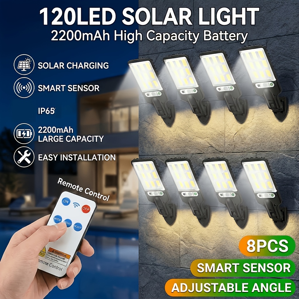 TEMU 2/4/6/8 piezas de luces solares de exterior, farola solar, 3000 lm, con control remoto, IP65, 3 de iluminación, reflector solar con sensor de