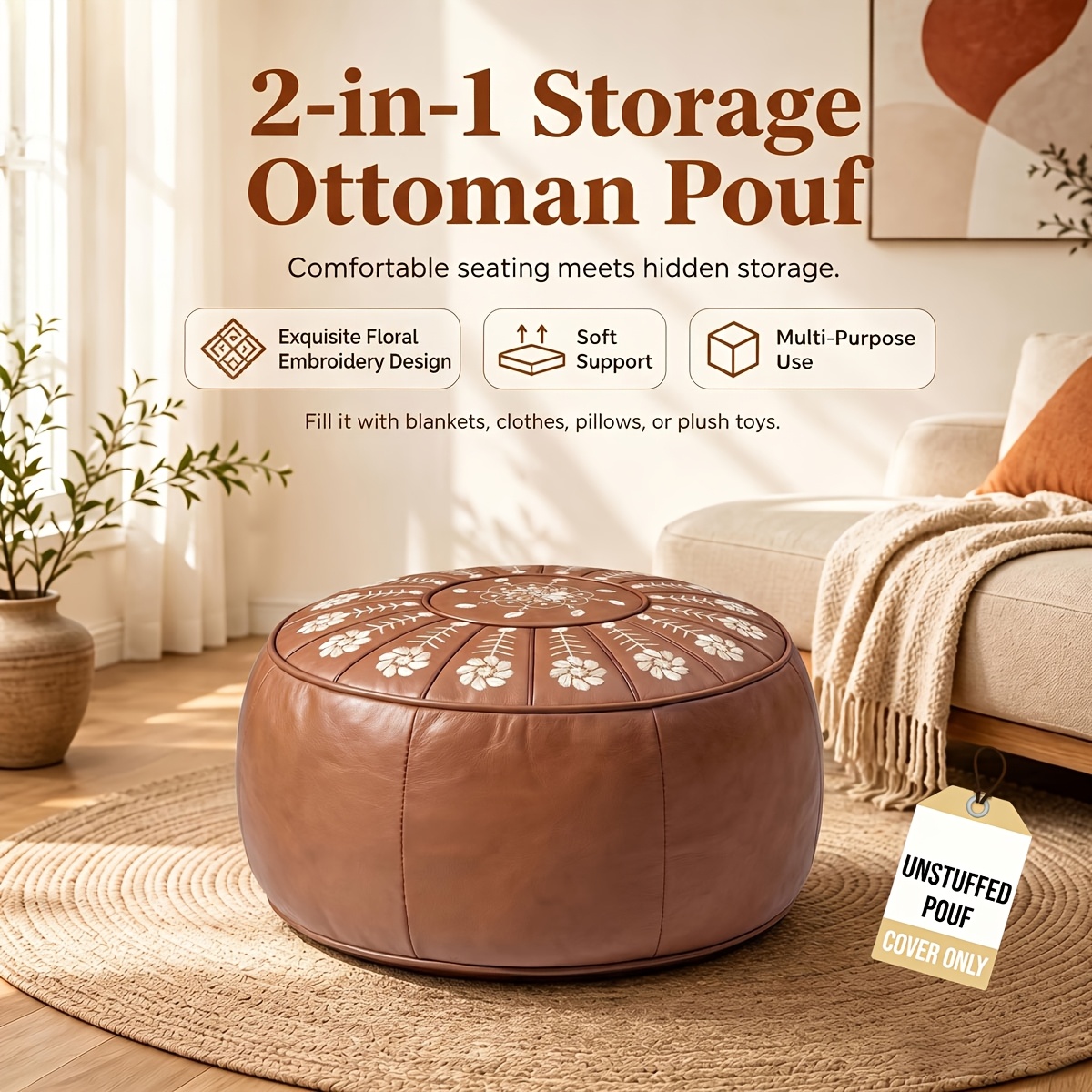 TEMU Housse de pouf -pieds marocaine en simili-cuir , -pieds de rangement rembourrage, housse de pouf encombrante, -pieds rond bohème, décoration