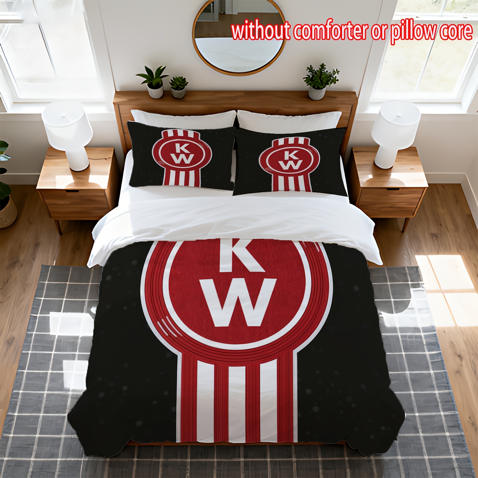 TEMU Premium Digital Printed Duvet Cover And Pillowcase Set (3pcs). The Design Features A Red And Scheme With Circular Red Background With White "kw"