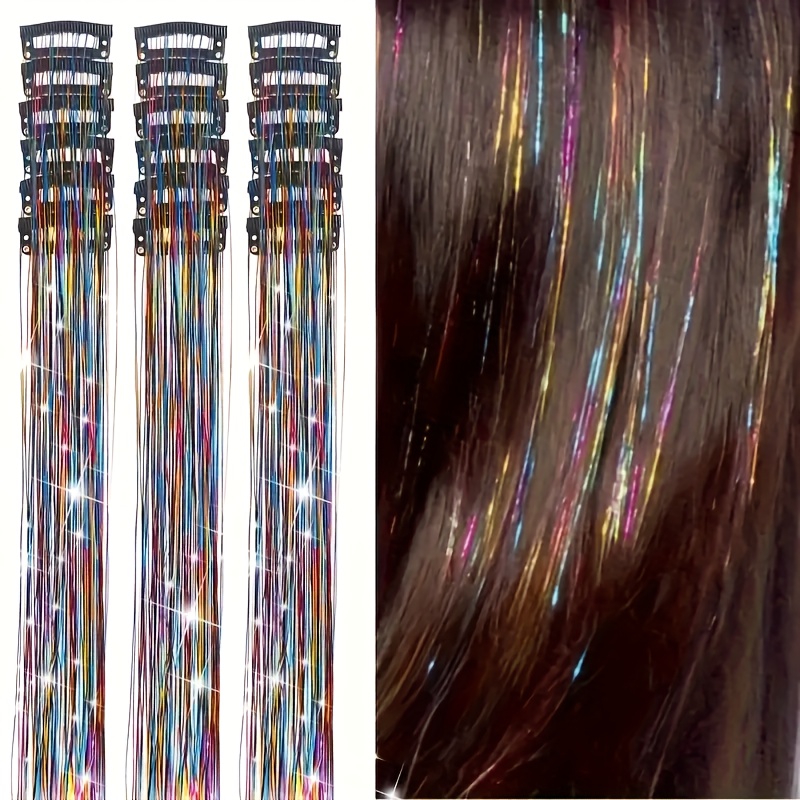 

18pcs Sparkling Tinsel Hair Extensions Set - Colorful Glitter Clip-in Strands For Women, Perfect Christmas Gift, Best For Christmas