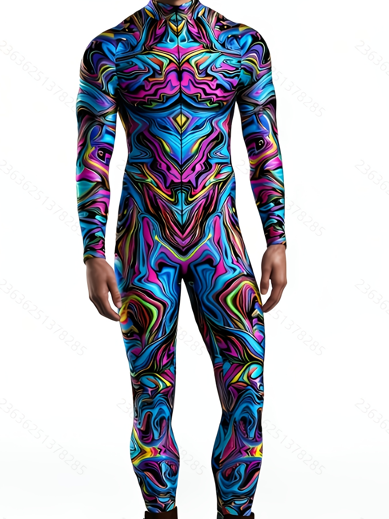 psychedelic print zipper long sleeve   stretchy festival jumpsuit